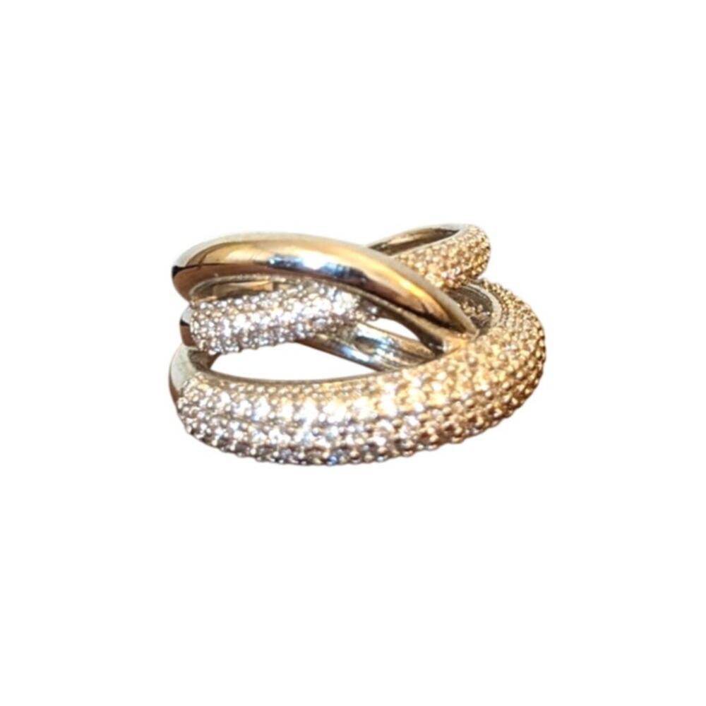 Xaxie Pave Rhodium Plated CZ Crossover Silver Tone Ring Size 6.75